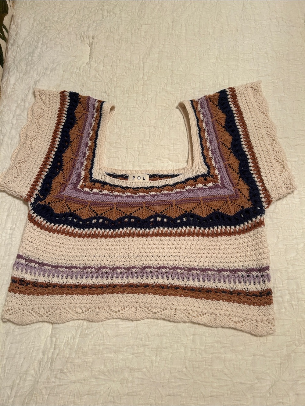 POL Cream Crochet Scoop-Neck Crop Top Sweater with Navy, Lavender & Brown Stripe